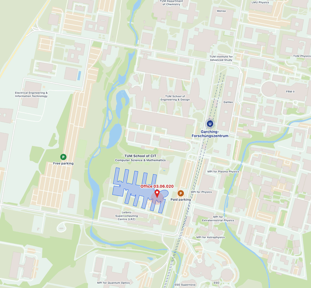 Map of the TUM Garching research campus: the U-Bahn station Garching-Forschungszentrum, the car parks, and the Department of Mathematics at Boltzmannstraße 3.